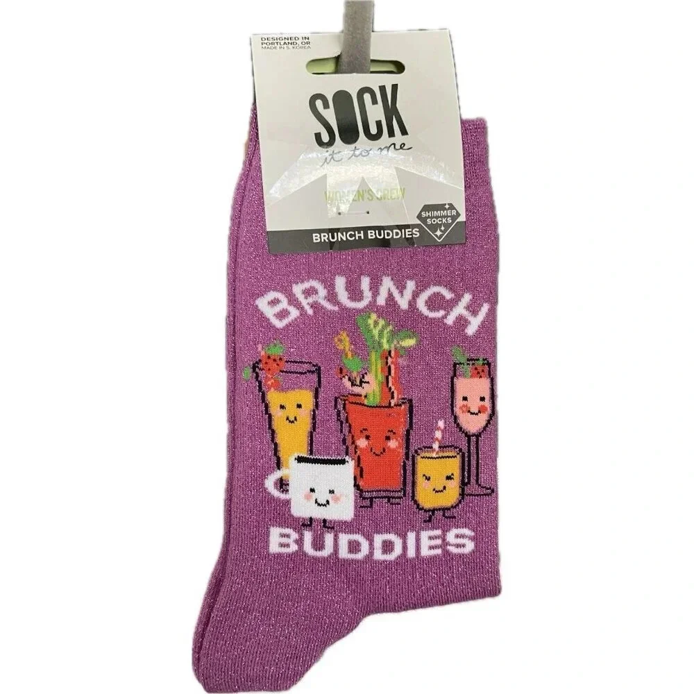 Sock It To Me Purple Shimmer Metallic Brunch Buddies Graphic Crew Socks